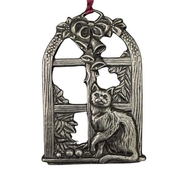 Cat & Window Pewter Ornament With Red Ribbon Hanger - Picture 3 of 5